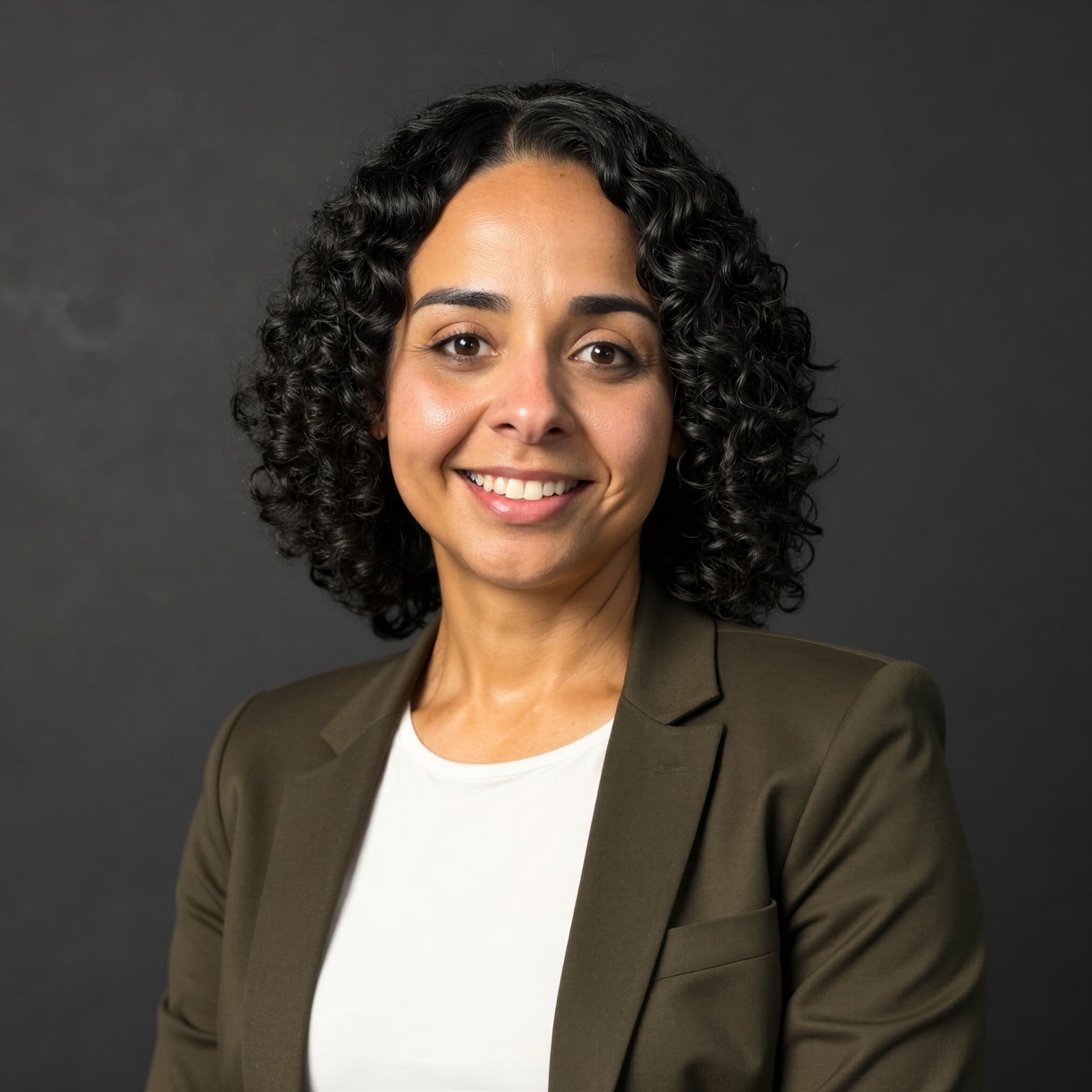 Professional portrait of Anjelis Oliveira against a dark neutral background